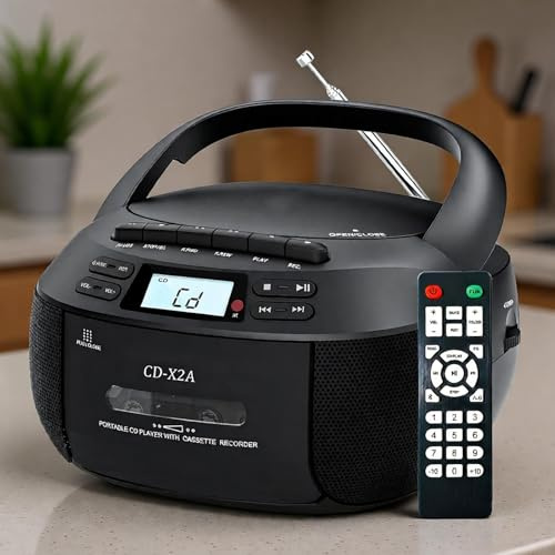 CAOJS Lettore CD e mangianastri, Lettore CD Portatile Boombox con Doppi Altoparlanti da 3 W, Maniglia e Telecomando, Compatibile con Diversi Formati CD, per Ascoltare Musica e divertirsi in Compagnia