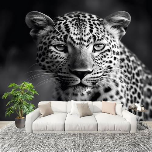 Mural Papel Pintado 3D 300x210 cm Animal Leopardo Manchas Fotomurales Tejido No Tejido Antiarrugas Póster Negro Murales Fotográfico Moderno Decoración de Paredes