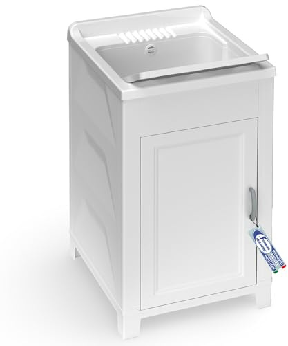 Sicignano - Mueble lavadero de resina PP 45 x 50 x 85 cm con bañera perforable, kit de montaje y tabla de lavado, para interior y exterior, fabricado en Italia