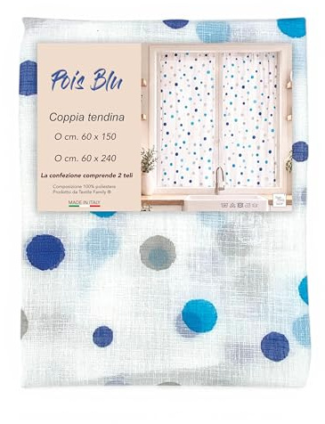 Tex family Coppia Tendine a Vetro Pois Blu Semitrasparenti in Bouclè con Tunnel per Astina – 2 Teli Made in Italy - COPPIA (2 TELI) CM. 60X240