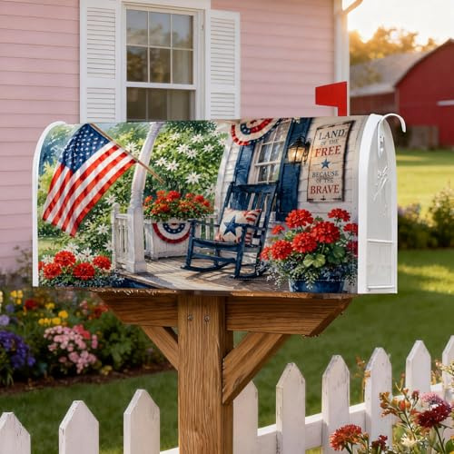 Copertura magnetica per cassetta delle lettere con bandiera americana, copertura per cassetta postale rossa estiva per sedia a dondolo patriottica rustica gerani per decorazione portico anteriore 45,7