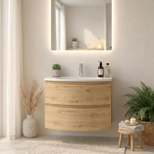 Kiamami Valentina - Mobile Bagno Sospeso 70 cm Curvo Rovere Oro con Lavabo in Resina, 2 Cassetti, Già Assemblato