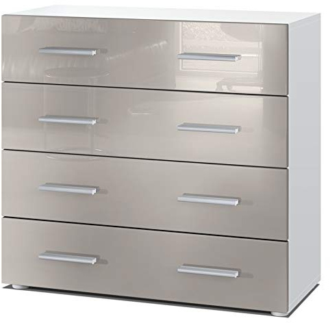 Vladon Sideboard Pavos, Kommode mit 4 Schubladen, Weiß matt/Sandgrau Hochglanz (76 x 72 x 35 cm)