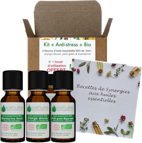 VOSHUILES - Kit Diffusion Anti-Stress BIO - 3x10ml - Huiles Essentielles Orange Douce Petit Grain Bigarade et Mandarine Verte - Détente Naturelle et Sommeil