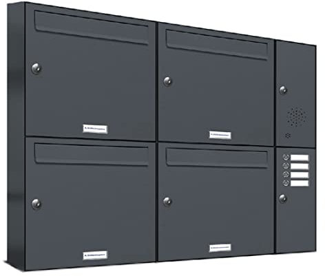 AL Briefkastensysteme 4er Briefkastenanlage mit Klingel Anthrazit Grau RAL 7016, Premium Briefkasten DIN A4, 4 Fach Postkasten modern Aufputz