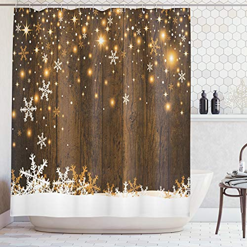 ABAKUHAUS Natale Tenda da Doccia, Legno e fiocchi di neve, Tessuto Set di Decorazioni per il Bagno con Ganci, 175 x 200 cm, Marrone Bianco
