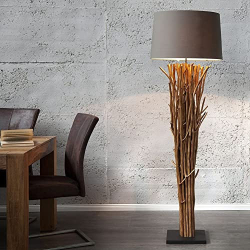 cagü XL Unikat Design Stehlampe PENANG Grau-Braun Leinenschirm Treibholz Handgefertigt 175cm