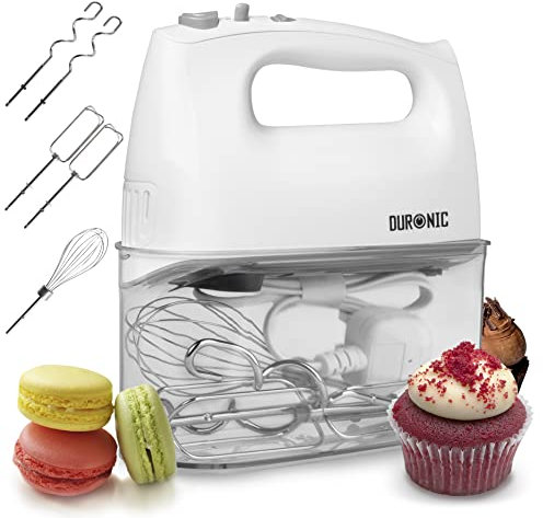 Duronic Hand Mixer for Baking Electric Whisk Handheld HM4W Storage Stand Case White 5 Speed Turbo 400W 2 Beaters 2 Dough Hooks 1 Whisk