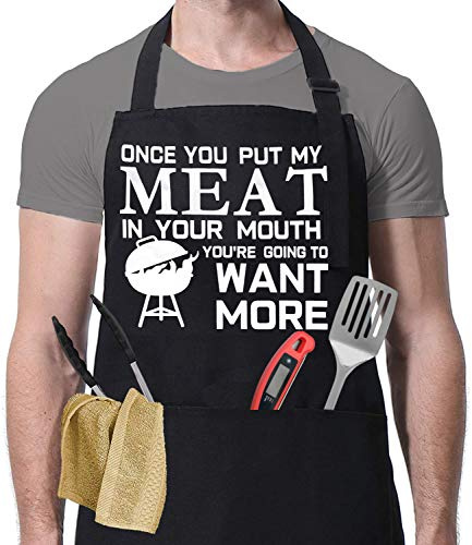 YuanDe Funny Grilling Apron for Men, Adjustable Black BBQ Cooking Apron with Three Large Pockets, Chef Kitchen Apron for Barbecue and Outdoor Use, Gift for Dad, Husband, Boyfriend