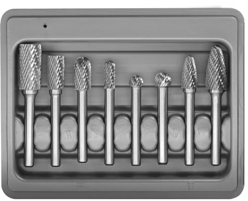 Carbide Burr Set 8pcs with 1/4''Shank Double Cut Solid Power Tools Tungsten Carbide Rotary Files Bits for Die Grinder Metal Wood Carving Engraving Polishing Drilling Grinding Milling Cutting