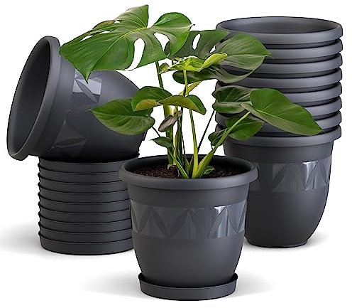 Plastard Blumentopf 10er Set 18 cm Durchmesser Anthrazit - runder Pflanzkübel mit Untersetzer aus Kunststoff - witterungsbeständiger Übertopf, großer Pflanztopf