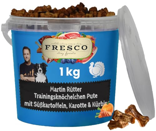 FRESCO Dog Martin Rütter Trainingsknöchelchen Pute & Süßkartoffeln 1kg | Hundeleckerli getreidefrei & zuckerfrei | Mit 87% Frischfleisch | Für kleine & große Hunde Leckerlis fürs Hundetraining