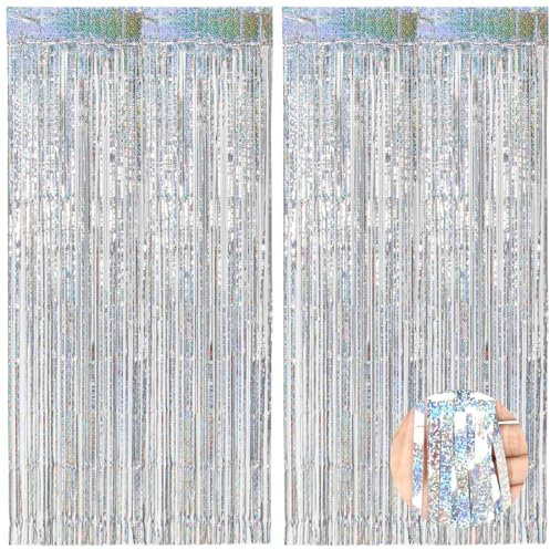 Lametta Vorhänge Silber Glitzer, 2 Stück Metallische Glitzervorhang Fringe 1m x 2m, Glitzer Tinsel Curtain, Folienfransen Vorhang für Weihnachtsbaum Geburtstage Festivals Party Bühnendekor