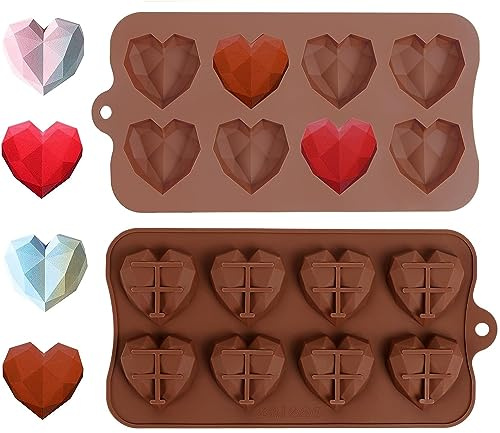 2Pcs Heart Jelly Silicone Moulds, Diamond Heart Silicone Chocolate Moulds | Reusable, 8 Cavity, 3D Love Diamond Wax Melt Moulds, Silicone Mould for Handmade DIY Cake Chocolate Jelly Ice Cube