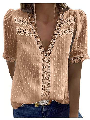 Blusa para mujer con lunares de gasa, túnica de encaje, manga corta, cuello en V, blusas sueltas, volantes, camiseta elegante, camiseta de primavera y verano para mujer, Beige-d., M