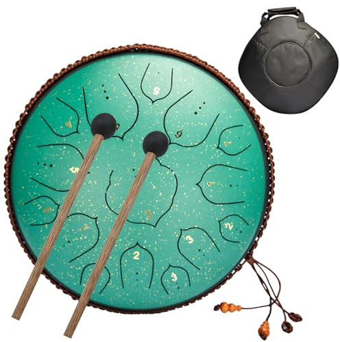Zungentrommel - Steel Tongue Drum 14 Zoll 15 Noten Handpan Instrument Stahlzungentrommel Hand Pan Drum Atherische Trommel mit Tragetasche,Fingerpick und Schlägel für Meditation Yoga Klangheilung