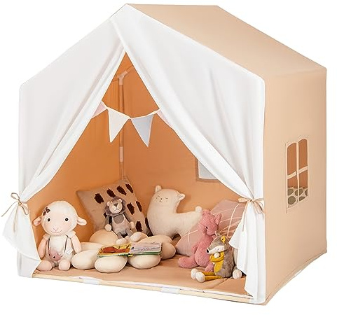 DREAMADE Kinderzelt für drinnen mit Matte und Girlande, Kinder Spielhaus Indoor mit Fenstern & Vorhang, Tipi Zelt, Kinder Spielzelt mit Massivholzrahmen für Jungen und Mädchen (Hellbraun + Weiß)