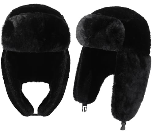 Twistover 2 Stück Trappermütze Y2K Hüte Uschanka Russische Mütze Warme Flauschige Mütze Winddicht Wintermütze für Männer Frauen Ski Jagd, Schwarz, Einheitsgr��e