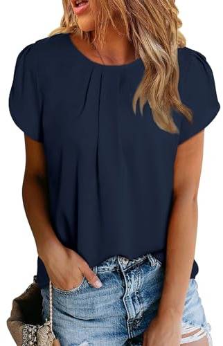 Dokotoo Womens Ladies Plus Size Summer Short Sleeve Tops and Blouses Casual Crew Neck Solid Loose Fit Casual Chiffon Blouse Tshirts for Women 2026 Fashion Plain Tops Navy Blue XXL