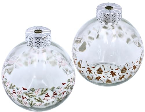 Dekohelden24 Trinkglas Weihnachtskugel aus Glas mit Strohhalm als 2er Set, transparent mit weihnachtlichem Dekor, L/B/H 10 x 10 x 20 cm, Fassungsvermögen 220 ml