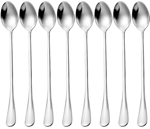 MAXQUU Lot de 8 cuillères à macchiato en acier inoxydable avec long manche - Convient pour café, glace, moka, cuillères à cocktail - Utilisées dans les tasses hautes et les tasses à thé au lait