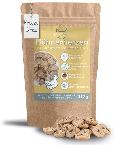 BARFAWAY gefriergetrocknete Hühnerherzen, für Hunde und Katzen, getreidefrei, zuckerfrei, 100% natürlich ohne Zusätze, Deutsche Herstellung, 250 g