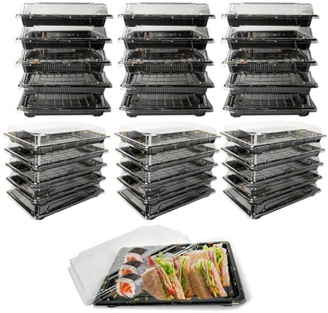 YKUKIZEE 30 Pack Buffet Trays with Lids, Sandwich Trays with Clear Lid | Reusable, 260x190x50 mm, for Buffet, Party Food, Cake, Meal Prep, Treats, Black Base