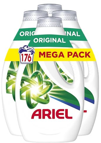 Ariel Detergente Lavadora Liquido 176 Lavados (4x36 + 8), Original, Jabon Limpieza Mejorada en Ciclos Mas Frios con la Exclusiva Tecnologia de limpieza en Frio