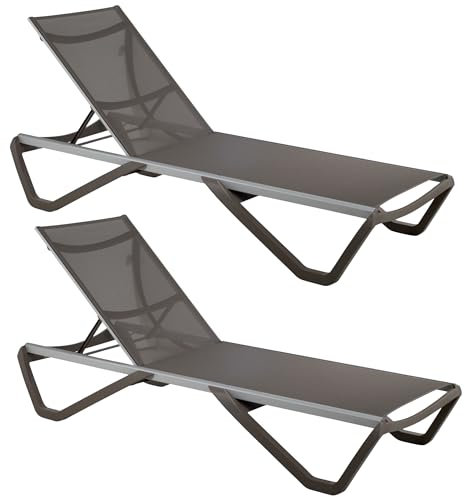 PAPATYA 2er-Set Sonnenliege, Aluminium Gartenliege Sonnenliege für Garten Terrasse & Balkon mit Verstellbarer Rückenlehne Stapelbar Liegestuhl bis 200 KG Belastung wetterfest, Grau Braun