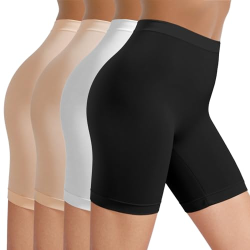 TIICHOO Kurze Leggings Damen Unterröcke Unter Kleid Rock Anti Scheuern Radlerhose Damen 4er Pack (M, 1Schwarz/1Weiß/2Beige)