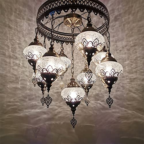 errzom Turkish Moroccan Mosaic Boho Hardwired Chandelier Light Ceiling Hanging Lamp Pendant Fixture Lighting, 9 Big Globes for Bedroom Kitchen Dining Room Bar Living Room Decorative Lighting