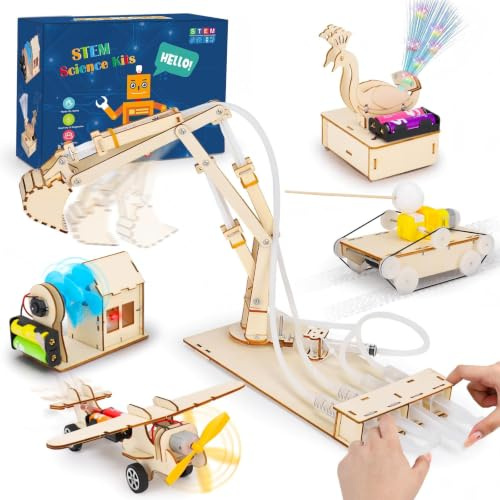 5 in 1 Holz Wissenschaft Experimente Kit für Kinder 8-12, Elektronik Bausatz Roboter Kit Spielzeug Elektro Baukasten, STEM Experimentierkasten Aktivitäten Lernen Spielzeug ab 8 Jahre Jungen