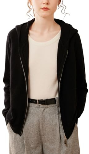 DISSA Cardigan Cachemire Femme Capuche Zippée,Noir,42