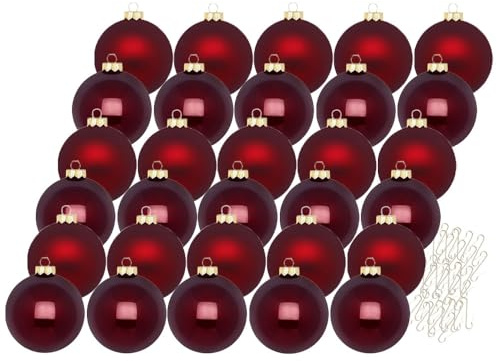 Inge Glas Weihnachtskugeln mit Haken | Schöne Christbaumkugeln aus Glas | Set 30 Kugeln und 40 Aufhänger | Christbaumschmuck Weihnachtsbaumkugeln (Smooth Port | weinrot)