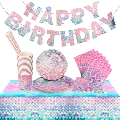Eclare Mermaid Party Tableware Set, 86PCS Mermaid Party Decorations Mermaid Napkins, Straws, Tablecloths, Cups, Plates and Banner for Mermaid Birthday Decorations