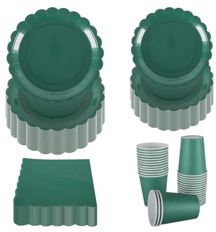 PHUNAT Mörkgrön festservis set för 30 gäster – 18 cm & 9 tum/23 cm papperstallrikar, servetter och koppar – festtillbehör för födelsedag, bröllop, årsdag, jul