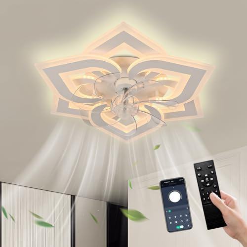 Flush Mount Ceiling Fan with Lights Dimmable LED White | Low Profile Fan Light with 6 Speeds 3 Light Colours for Bedroom Kids Room Living Room