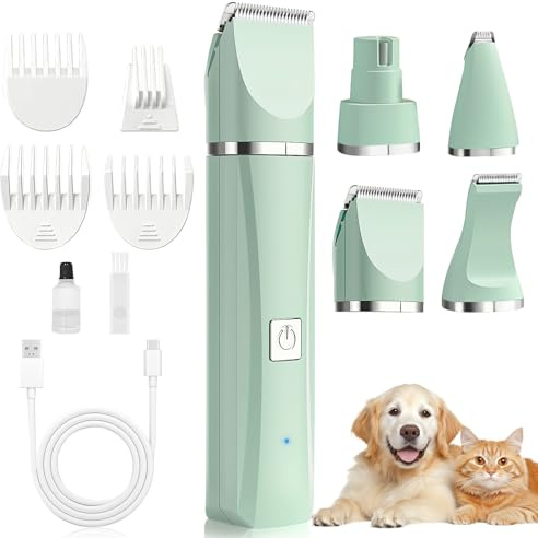 ‌YGVQN Tagliapelo 4 in 1 per Animali, Basso Rumore Senza Fili, Ricaricabile USB, 4 Accessori, Tosatrice per Cani Professionale (Zampe, Occhi, Orecchie, Viso, Corpo) Sicuro e Precisione - Verde