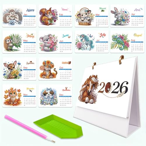 CXINLky Diamond Art Painting Kalender 2026, Diamond Art Weihnachten Tischkalender mit To-Do-Liste auf der Rückseite, für Herzensmenschen,Freundin und Kollegen-06-Tier