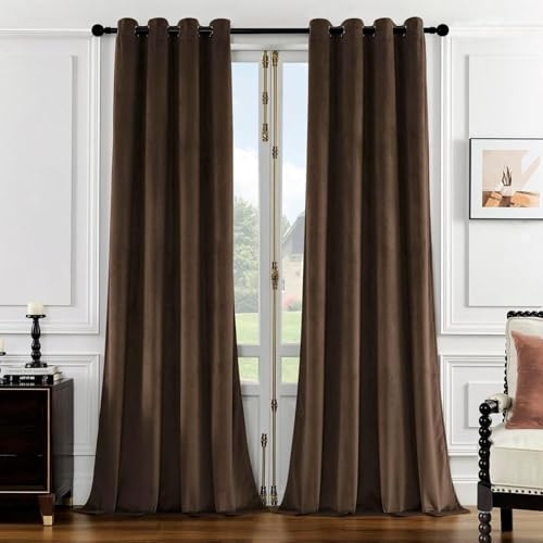 HANGEENGS 1 Stücke Samtvorhänge Für Schlafzimmer Wohnzimmer,Samt Gardinen Blickdicht Verdunklungsvorhang Thermovorhang Kälteschutz Mit Ösen Velvet Blackout Curtains,Braun,140x115 cm(BxH)