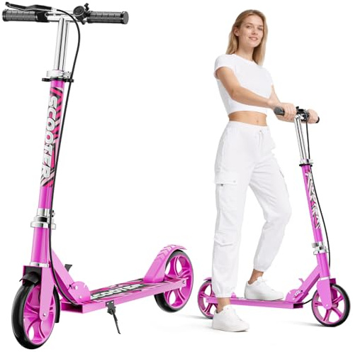 fanado Scooter für Kinder 8–12 Jahre, Jugendliche & Erwachsene – Leicht, klappbar, 200 mm große Räder, Handbremse & Klingel, bis 100 kg belastbar, ideal für Schule, Campus und Parkfahrten - Rosa