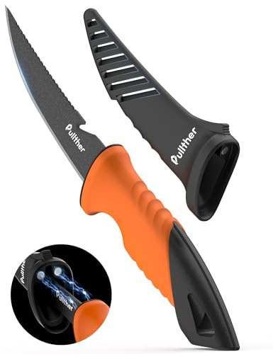 pullther Fishing Angelmesser 130mm Fischmesser aus Edelstahl mit Rutschfestem Griff, Gezackter Rand, Angelzubehör mit Magnetische Messerscheide