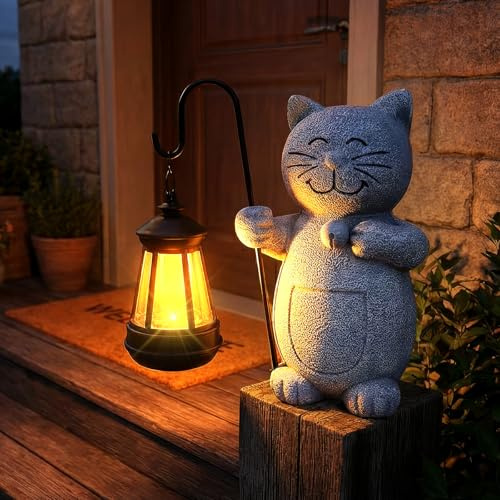 2026 Cat Statues Garden Ornaments with Solar Lantern Flowerpot | Outdoor Decoration, Art Sculptures for Patio Lawn Backyard Porch Ornaments, Yard Ornament- Unique Mother's Day Birthday Gifts
