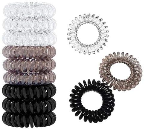 Gomas del pelo Elásticas, 9 Piezas Cintas para el cabello en espiral cable de teléfono, bandas para el pelo, resistentes al agua, Soporte para coletas para mujeres y niñas,Negro y Transparente y Gris