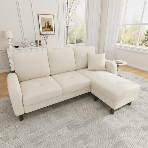 Luscriate L-Form Ecksofa aus Chenille, 3-Sitzer Schlafsofa mit Chaiselongue, Couch für kleine Wohnungen, Beige (Light Beige, 3-Sitzer)