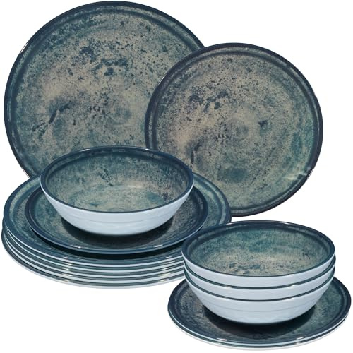 Melamin Geschirr Set Mondgranit Blau-Grau für 4 Personen Camping Picknick
