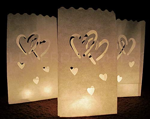 CleverDelights White Luminary Bags - 30 Count - Interlocking Hearts Design - Wedding, Reception, Party and Event Decor - Flame Resistant Paper - Luminaria
