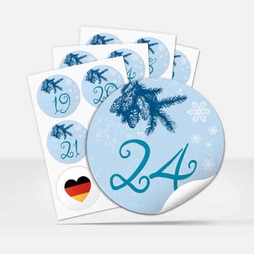 Adventskalender-Zahlen Aufkleber 1 bis 24 / blau mit Zweigen/Etiketten/Sticker/Weihnachtskalender/Advent/Rund/DIY/zum Aufkleben