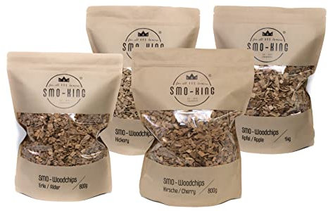 SMO-KING Woodchips BBQ-Bundle | Erle - Hickory - Kirsche - Apfel | Räucherchips, Räucherholz, Räuchern, Kaltrauch, Smoken,