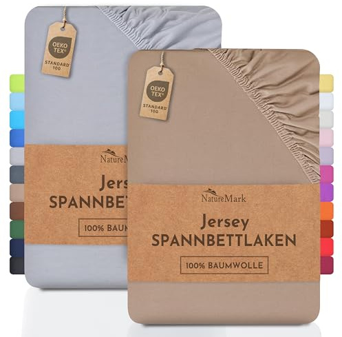 NatureMark 2er Pack Jersey Spannbettlaken, Spannbetttuch 100% Baumwolle in vielen Größen und Farben MARKENQUALITÄT ÖKOTEX Standard 100 | 90 x 200 cm - 100 x 200 cm - Sand/Silber